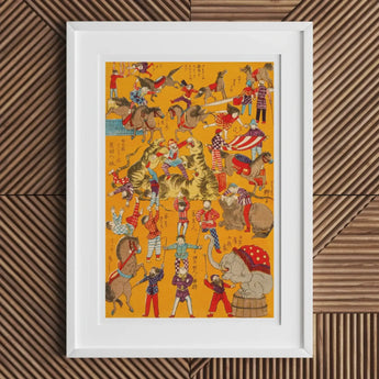 Framed vintage circus poster featuring colorful performers, animals, and acrobats on a yellow background.
