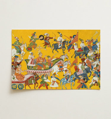 Yellow framed indian art painting featuring colorful warriors and horses on a vibrant background for wall decor