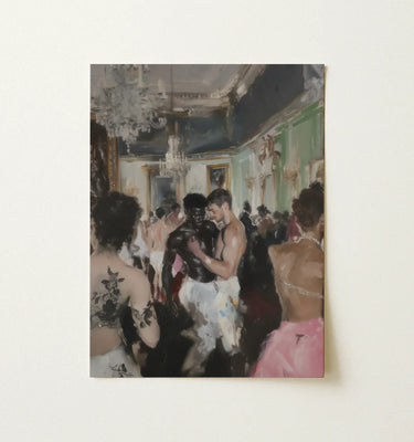 A rectangular canvas painting of an elegant ballroom scene in soft pastels featuring interracial gay art figures in formal attire