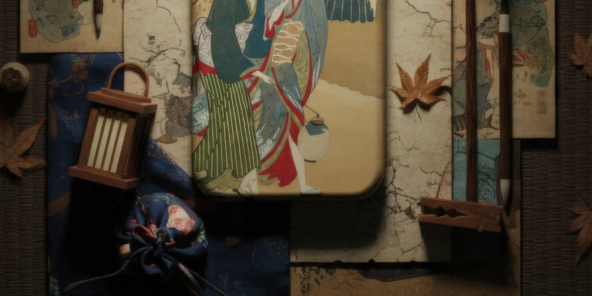 IPhone with a decorative case featuring an artistic depiction of cranes.