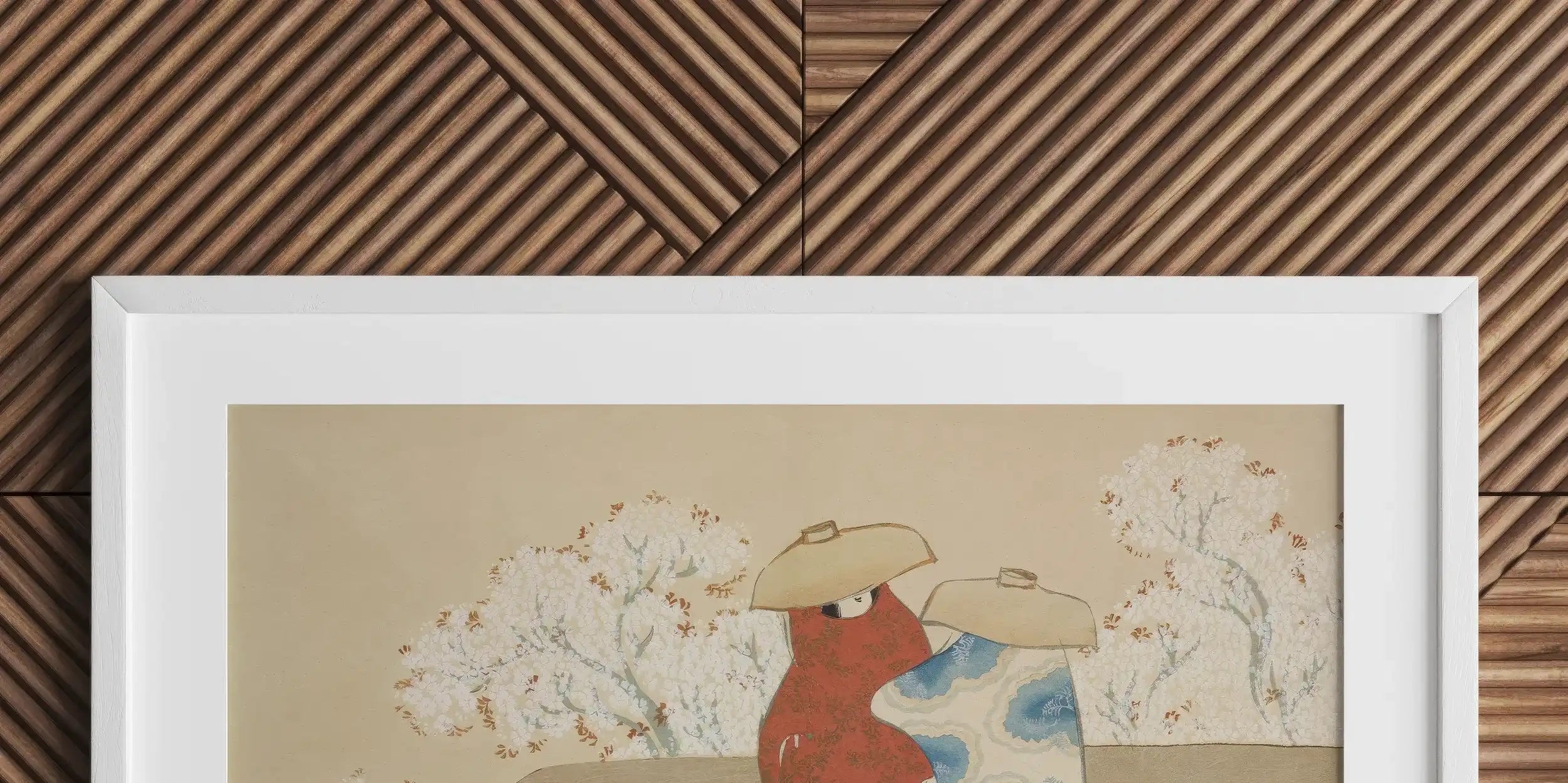 Framed artwork depicting a stylized red fox or dog-like figure next to a blue patterned object.