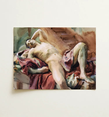 John Singer Sargent Male Nudes: a watercolor painting of a nude male reclining with draped fabric.