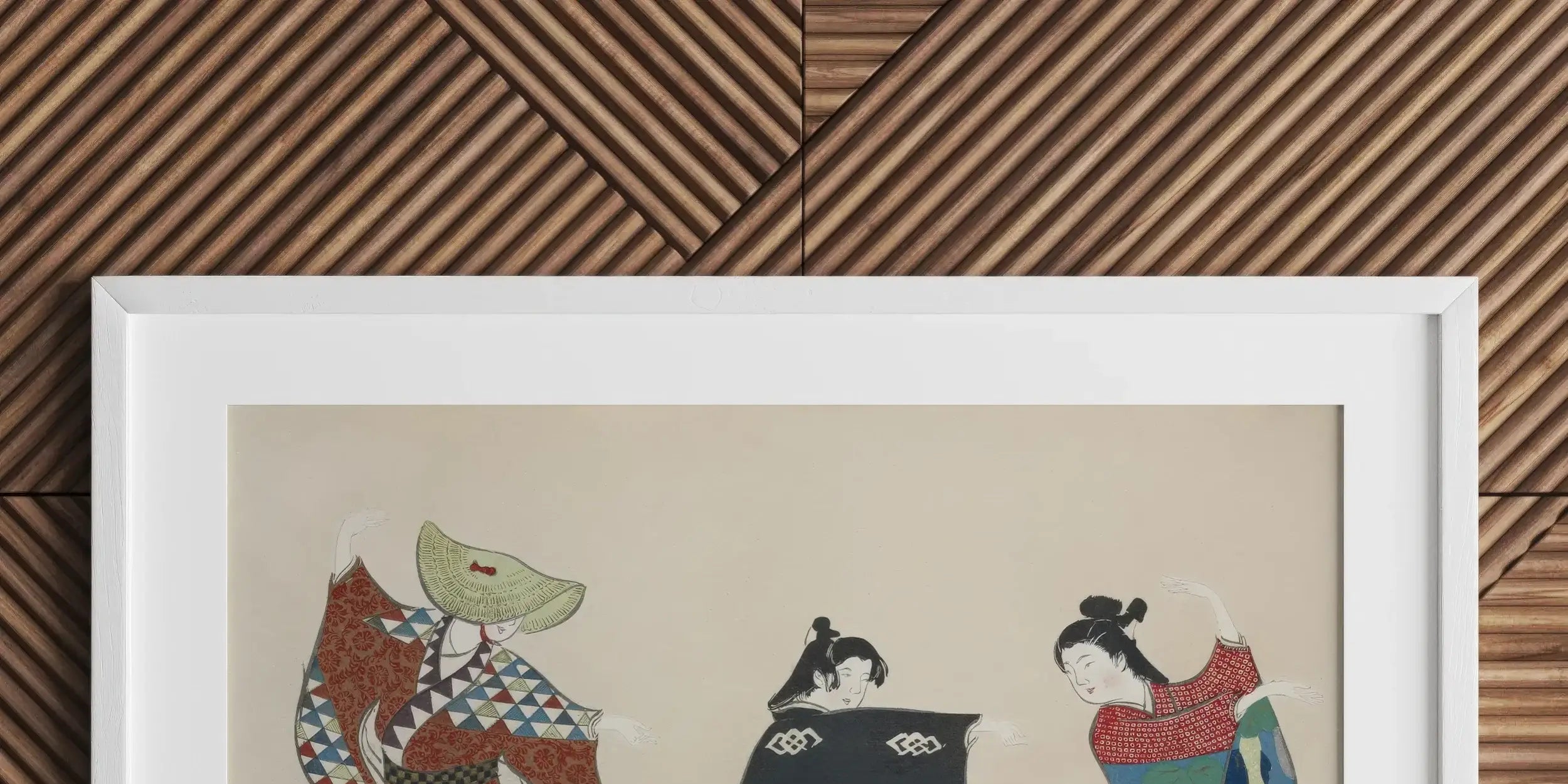 Figure of a person wearing a dark kimono and light-colored hat walking on a stylized landscape.