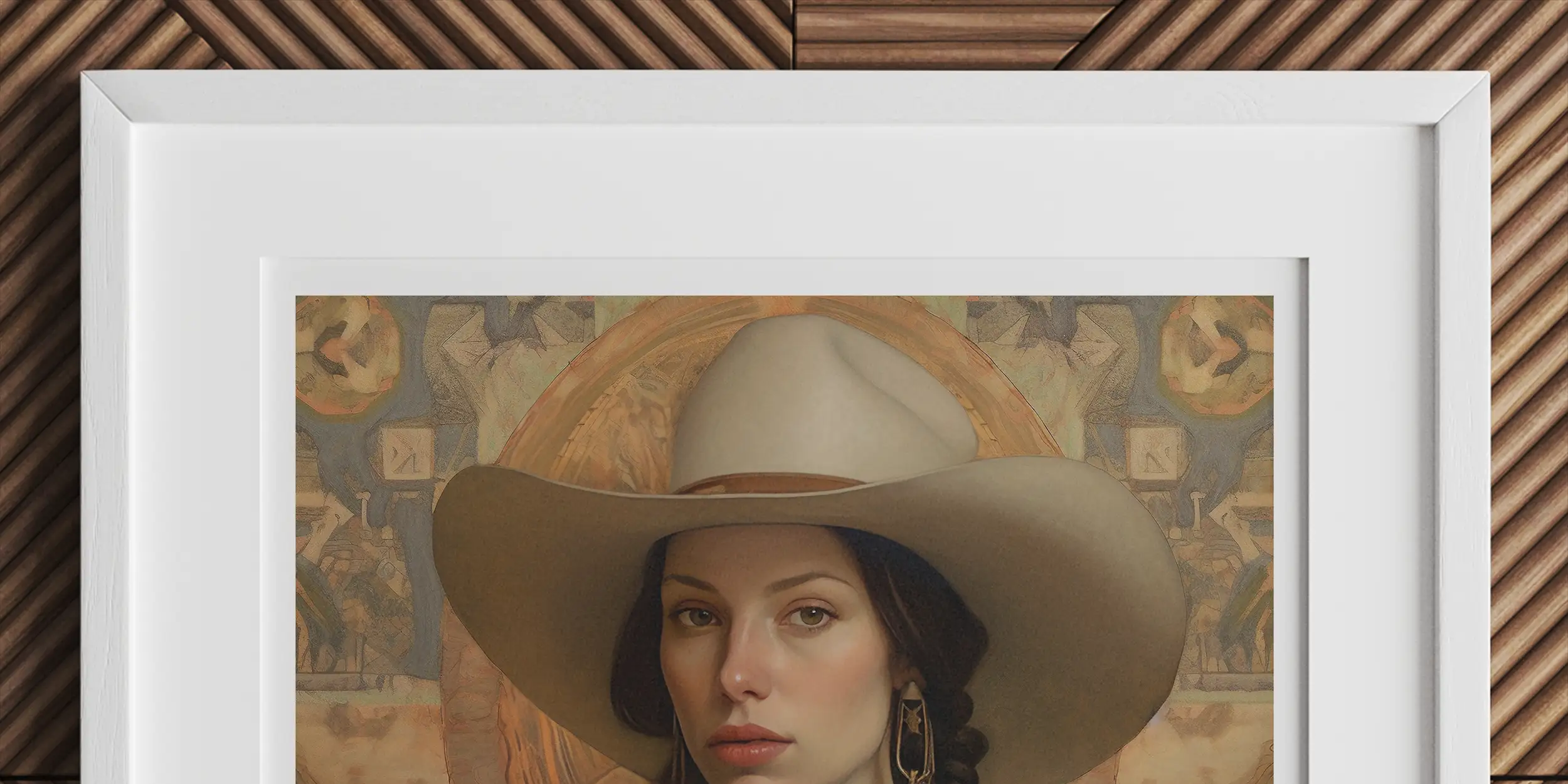 Portrait of a woman wearing a wide-brimmed cowboy hat and scarf.