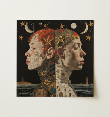 Lesbian wall art featuring two figures with star and moon motifs, symbolizing sapphic love and connection.