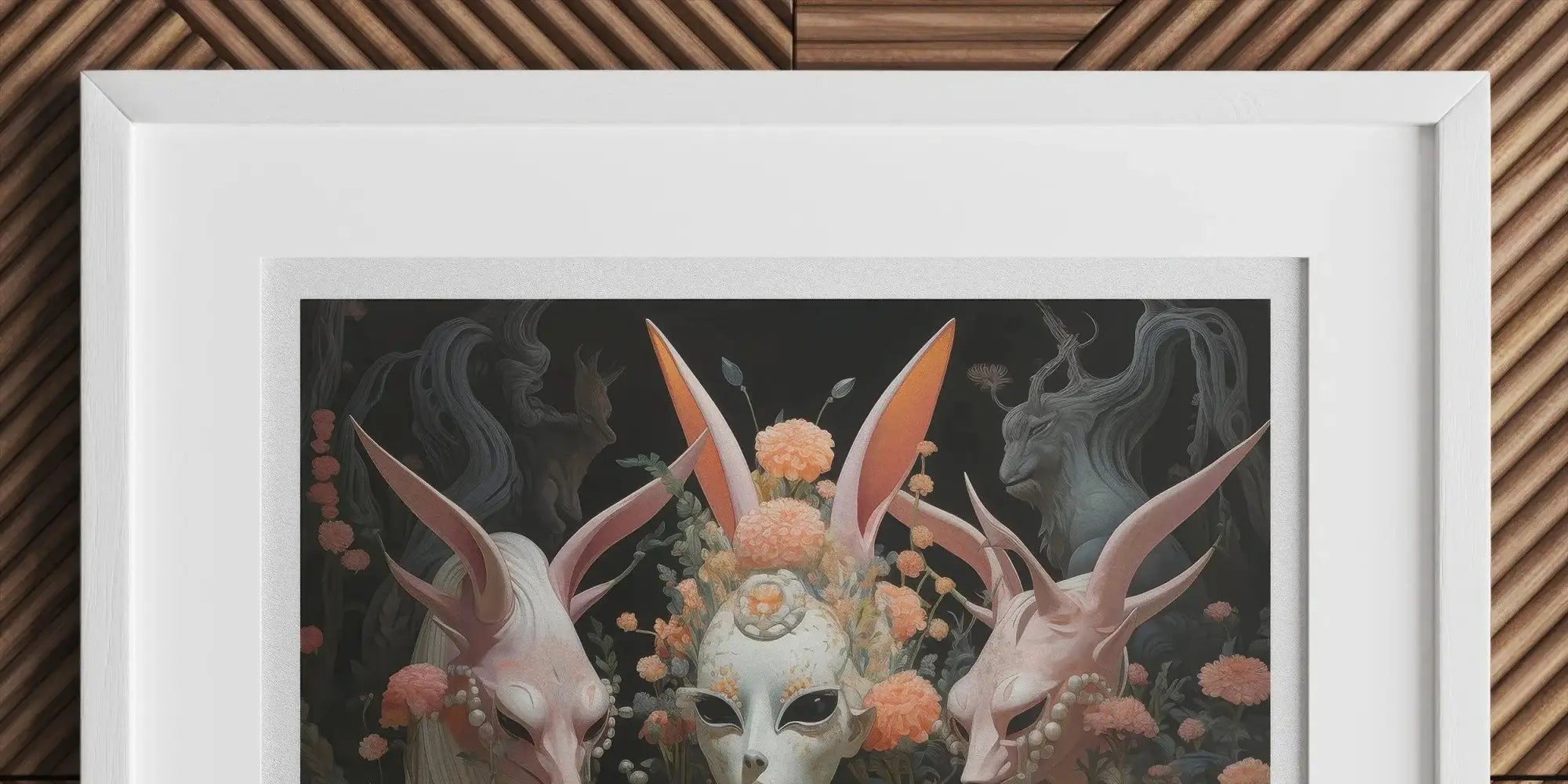 Framed surrealist artwork depicting a masked figure with rabbit-like creatures and ornate decorations.