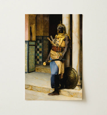 Ludwig Deutsch's painting of a palace guard showcasing vibrant colors and intricate details in an Orientalist style.