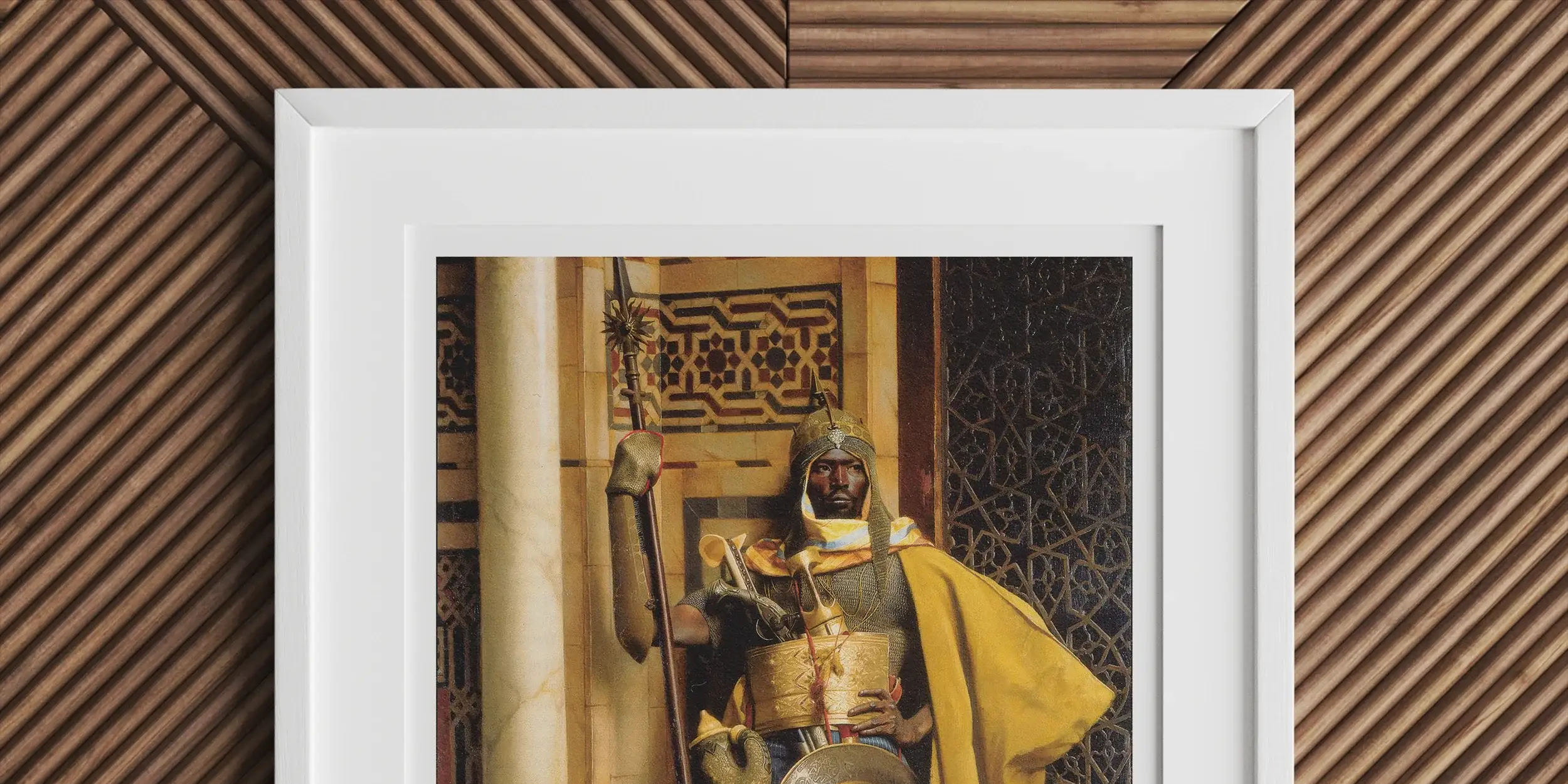 Framed painting of a palace guard in ornate yellow and gold attire holding a shield and spear.