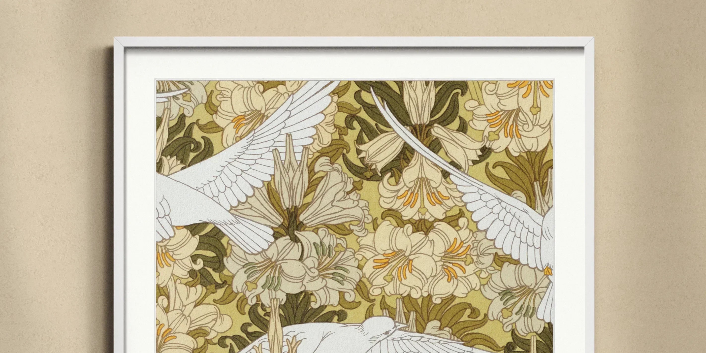 Framed art print featuring white birds in flight among stylized yellow and green floral patterns.