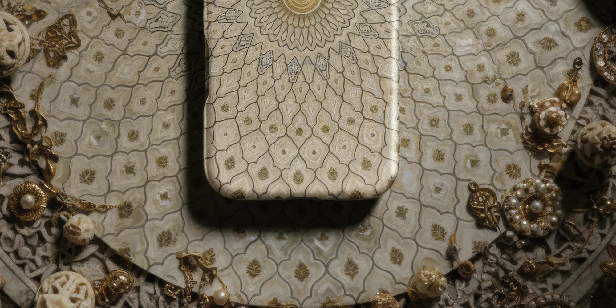 Smartphone with a decorative mandala-patterned case.
