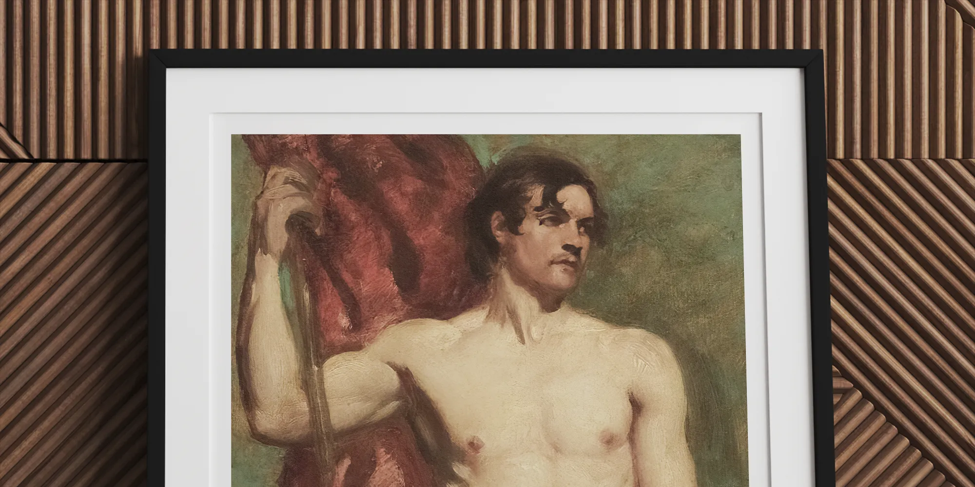 Framed painting of a nude male figure with dark curly hair holding a red drape.