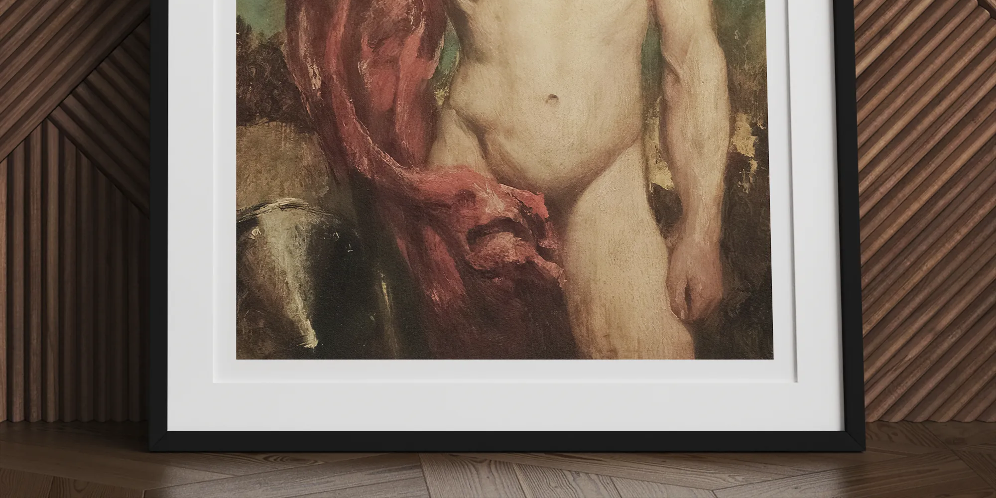 Framed painting of a nude male figure with dark curly hair holding a red drape.