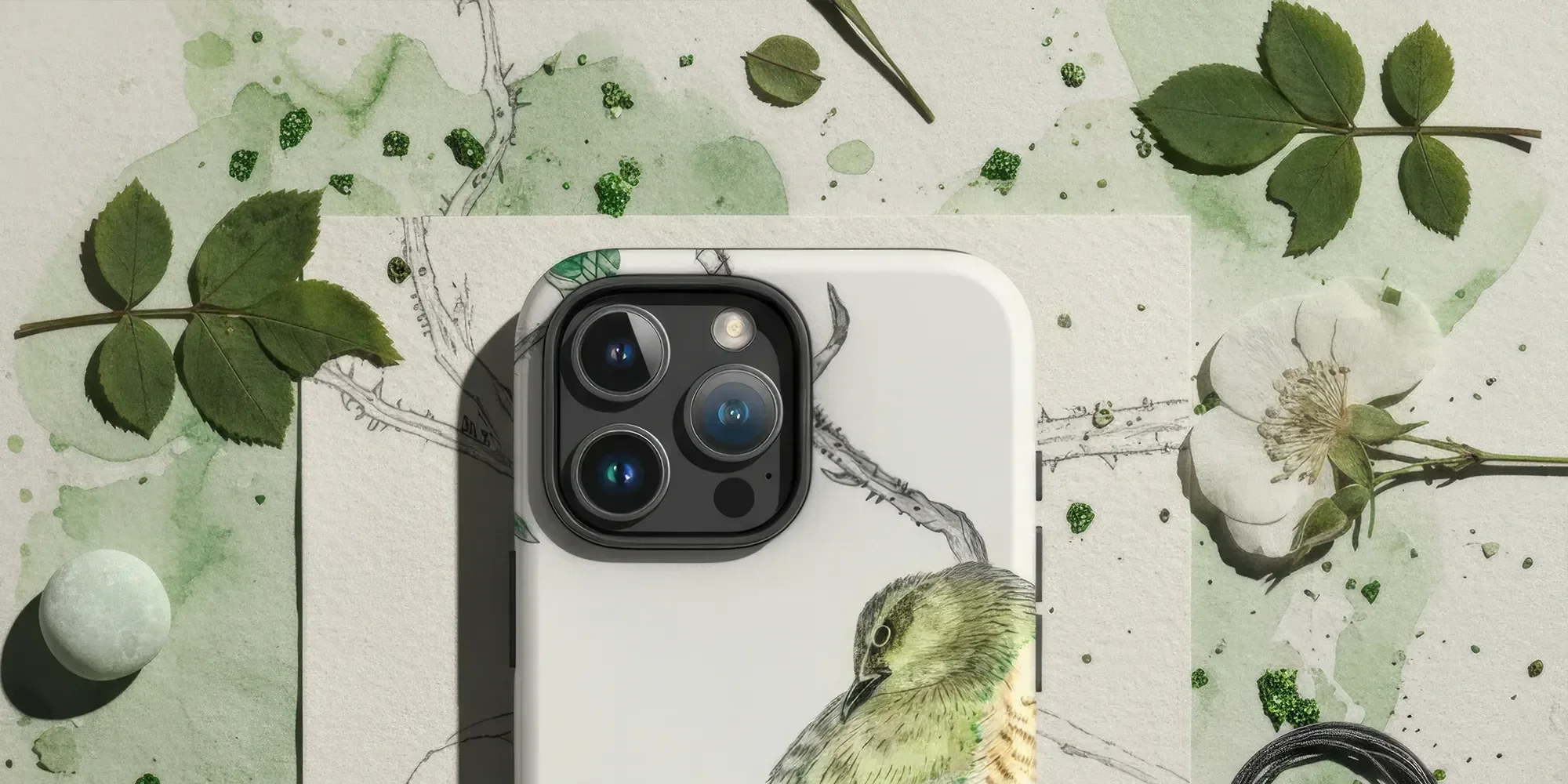 IPhone case featuring a delicate illustration of a green bird perched on leafy branches.