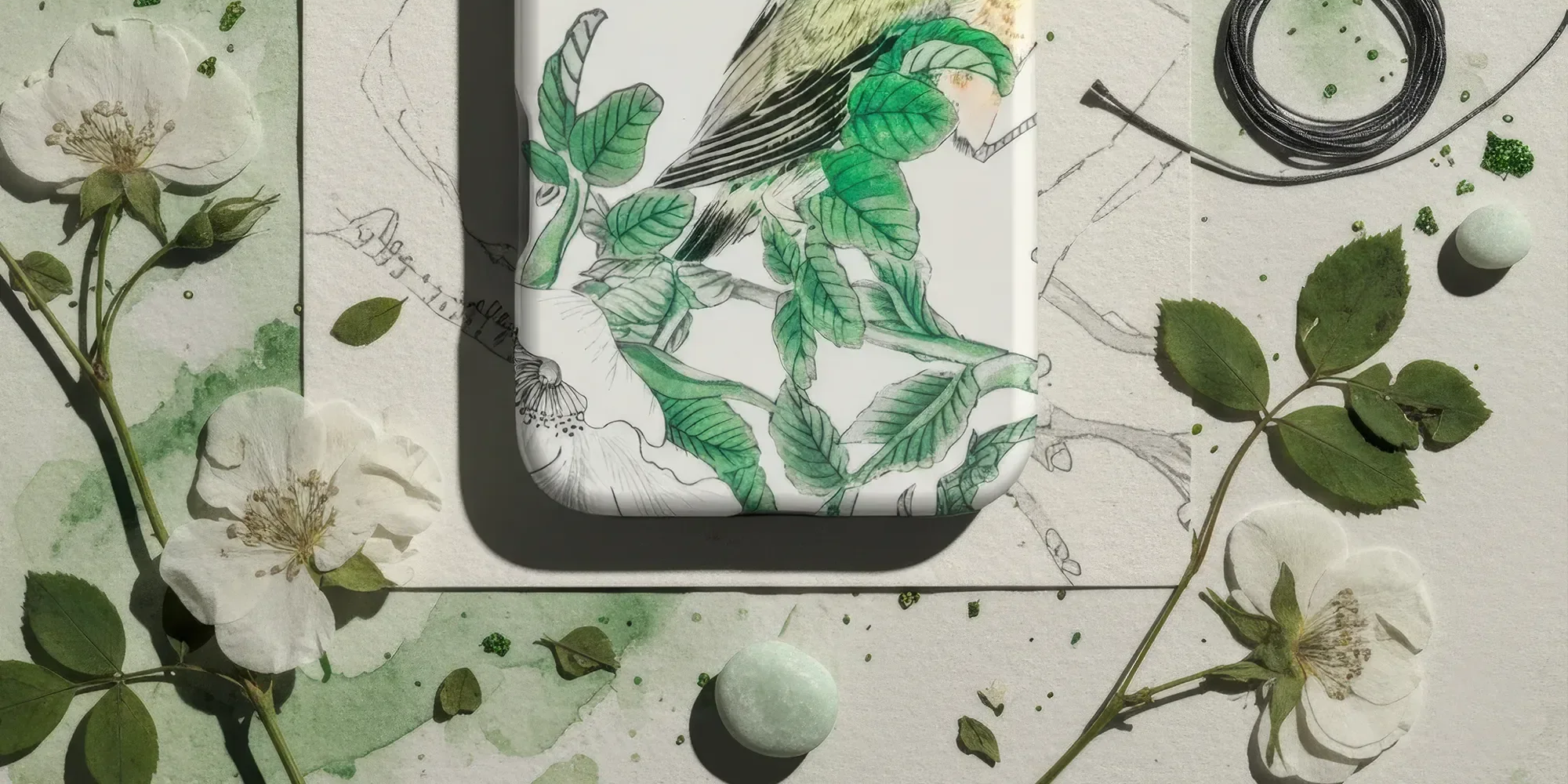 IPhone case featuring a delicate illustration of a green bird perched on leafy branches.