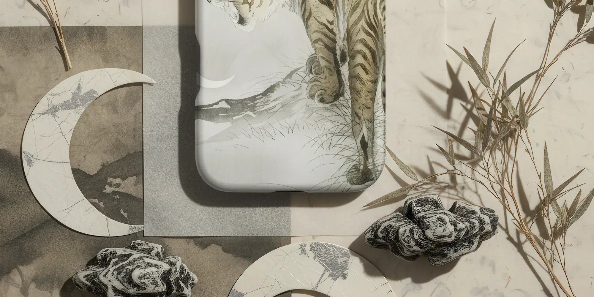 Tiger with distinctive stripes roaring at a crescent moon.