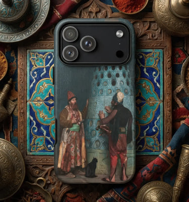 Orientalist phone cases showcasing a stone staircase design, surrounded by decorative elements and gems.