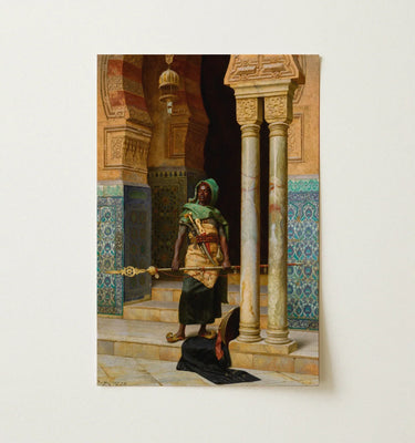 Orientalist Wall Art depicting a regal figure standing in an ornate architectural space with intricate details.