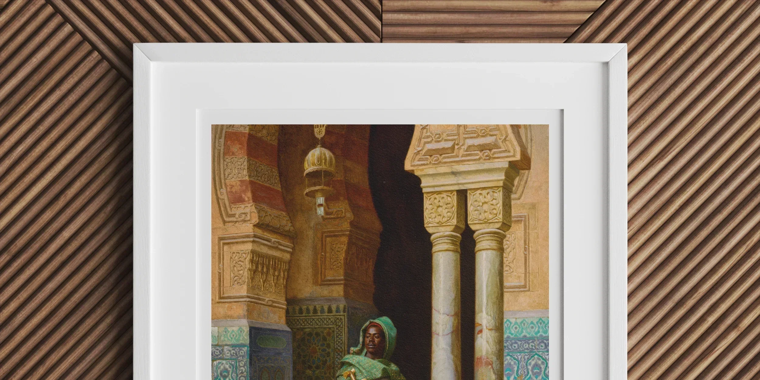 Framed painting depicting a person in traditional Middle Eastern attire standing between ornate columns.