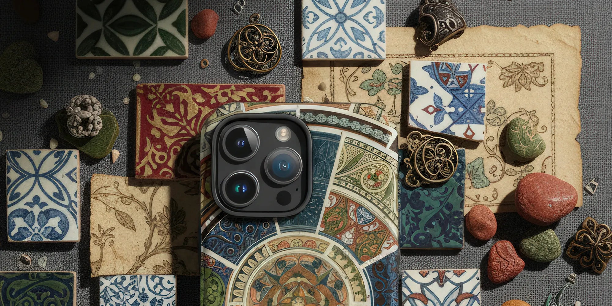 Ornate floral-patterned phone case held in a hand.