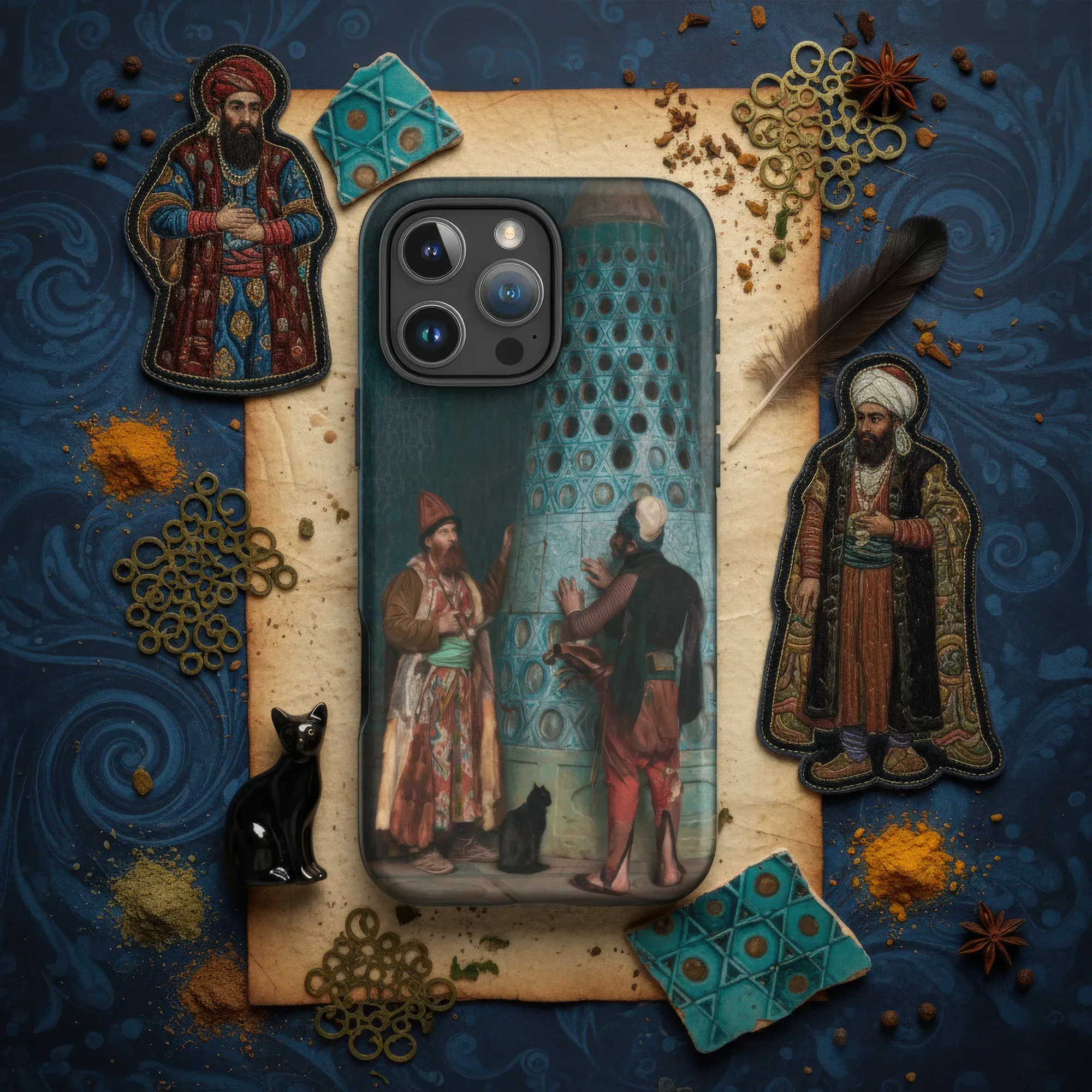Smartphone with a decorative case featuring an intricate tribal-inspired pattern in earthy tones.
