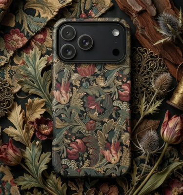 Pattern Art Phone Cases featuring intricate patterns and vibrant colors surrounding a phone on a marble surface.
