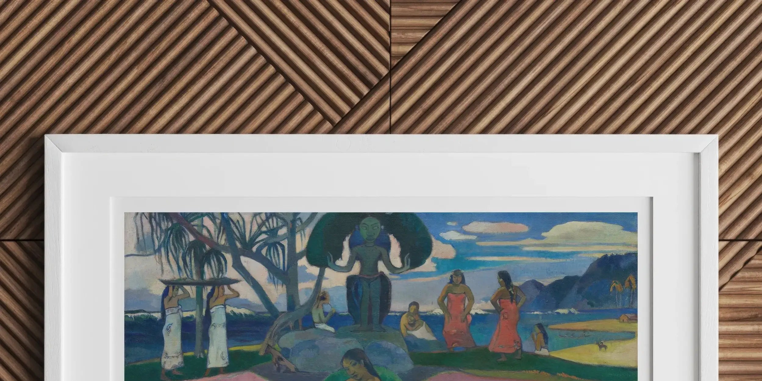 Framed painting depicting a colorful tropical scene with figures and palm trees.