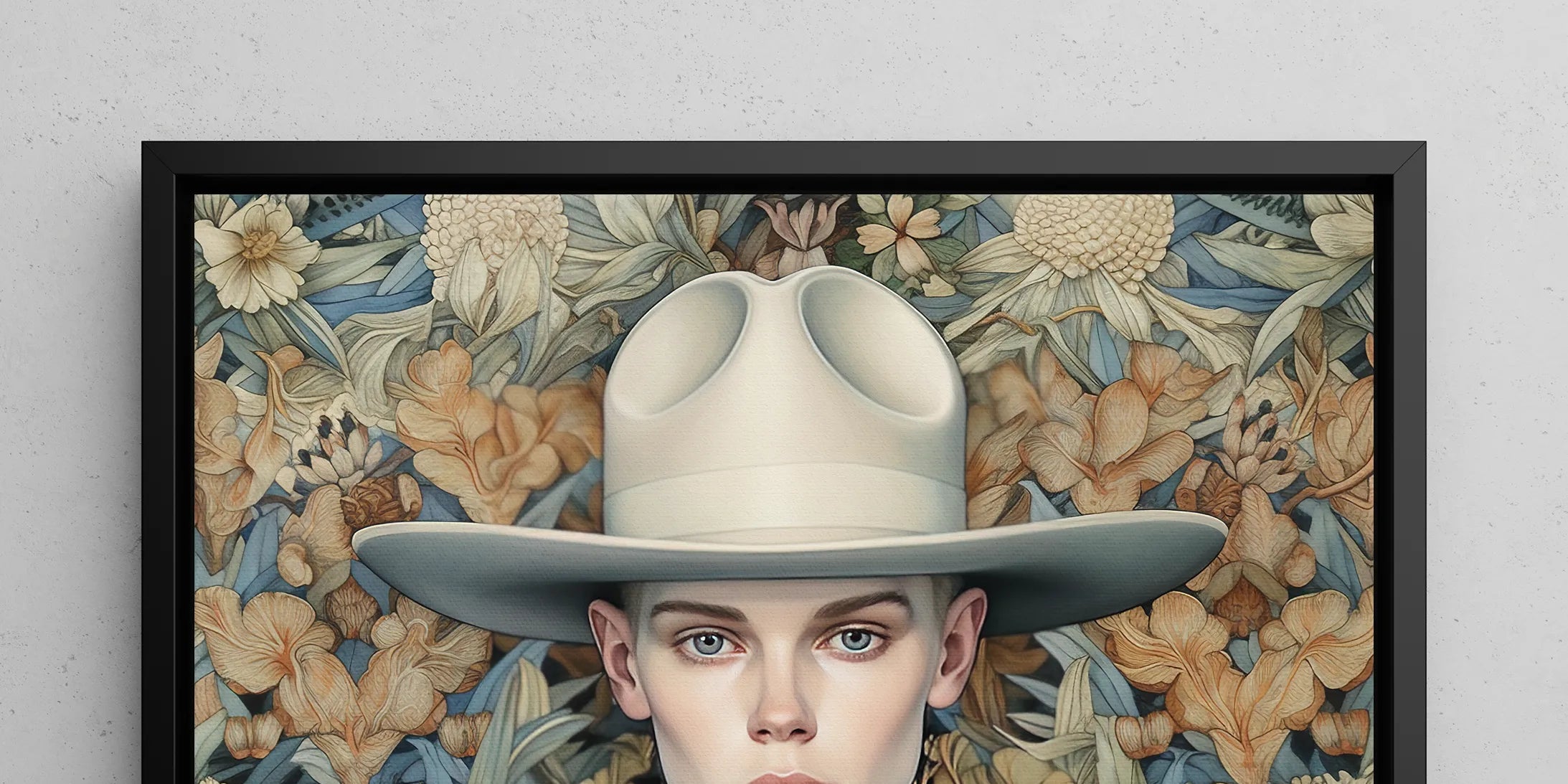 Portrait of a person wearing a wide-brimmed cowboy hat and Western-style clothing against a floral backdrop.