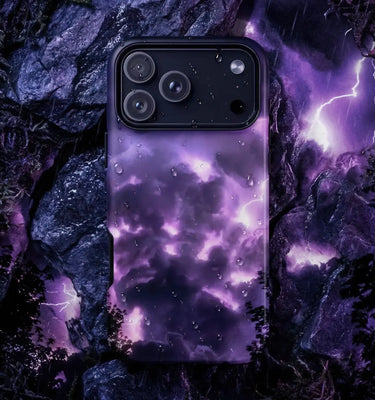 Purple Phone Cases featuring a cloudy design surrounded by purple crystals on a silky surface.