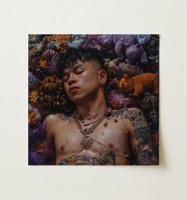 Purple Wall Art featuring a tranquil scene with a sleeping person surrounded by vibrant floral and animal designs.