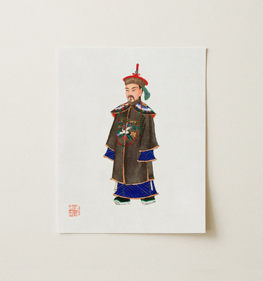 Qing Dynasty Fashion art featuring a Manchu figure in traditional silk robe and ornate accessories.