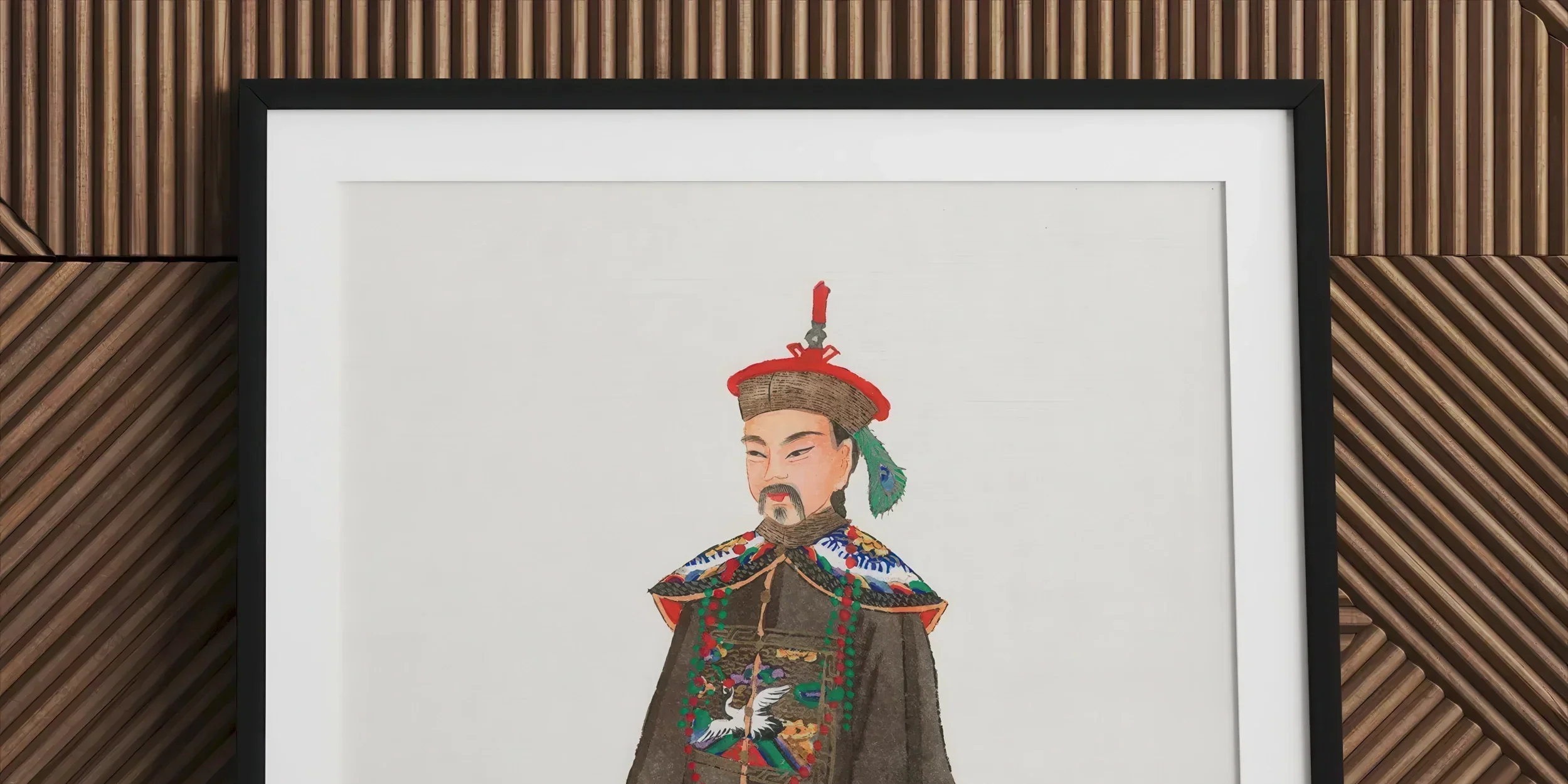 Framed artwork depicting a traditional Chinese imperial official in ornate robes and hat.