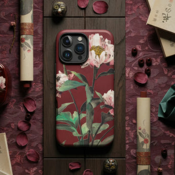 IPhone case featuring a floral design with pink chrysanthemums.