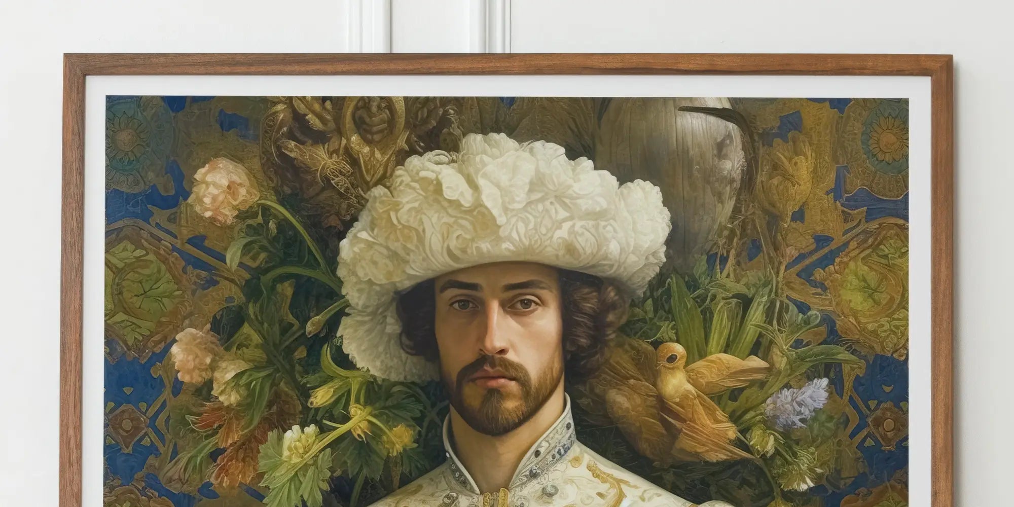 Portrait of a man wearing an ornate white and green embroidered coat and a large white feathered hat.