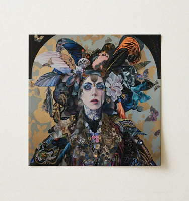 Surreal wall art featuring a captivating portrait surrounded by vibrant flowers and colorful butterflies.