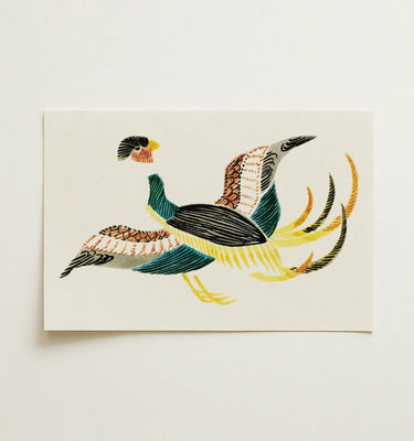 Colorful woodblock print of a stylized bird by Taguchi Tomoki, showcasing intricate patterns and vibrant colors.