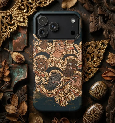 Thai phone cases featuring vibrant designs of mythical creatures and gold accents on a dark background.