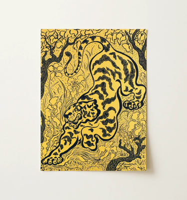 Framed tiger wall art in yellow and black, showcasing bold patterns and intricate designs for a vibrant decor.