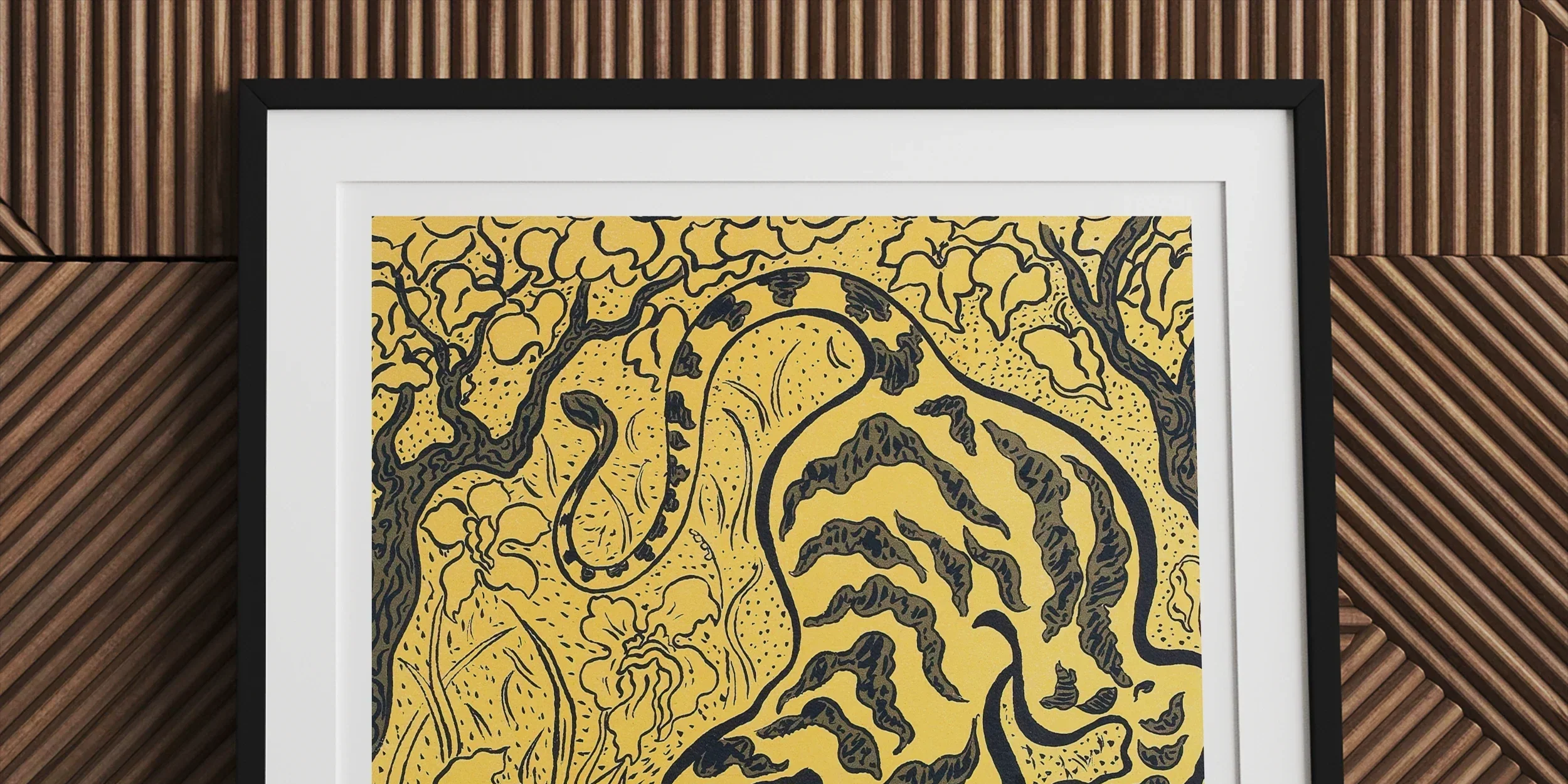 Stylized tiger or big cat rendered in black and yellow with intricate patterns.