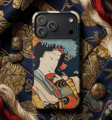 Toyohara Kunichika phone case design featuring a traditional Japanese woman and vibrant decorative elements.