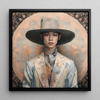 Portrait of a young person wearing a wide-brimmed hat and white jacket with blue fringe.