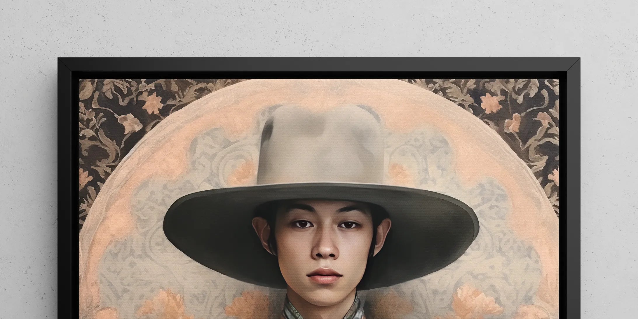 Portrait of a young person wearing a wide-brimmed hat and white jacket with blue fringe.