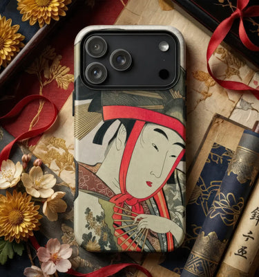 Utamaro Kitagawa design on a phone case featuring a traditional Japanese woman holding a fan.