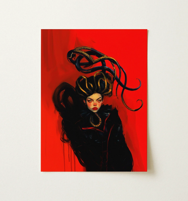 Witch wall art featuring a powerful sorceress with snakes in her hair, set against a bold red background.