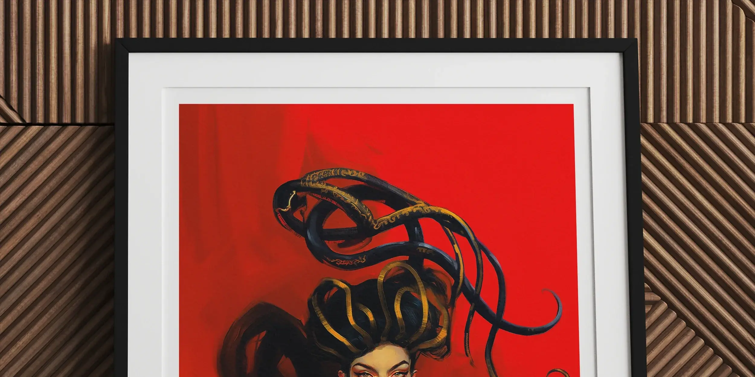 Framed artwork depicting a stylized woman with elaborate, flowing black hair against a vivid red background.