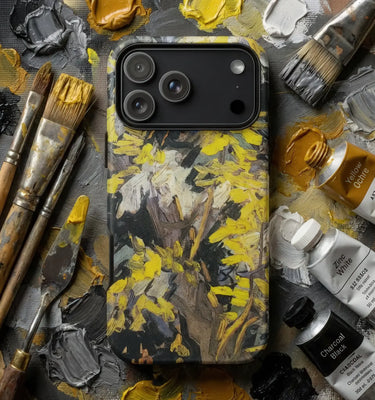 Yellow Phone Cases featuring a vibrant tiger design on a yellow phone case surrounded by decorative accessories.