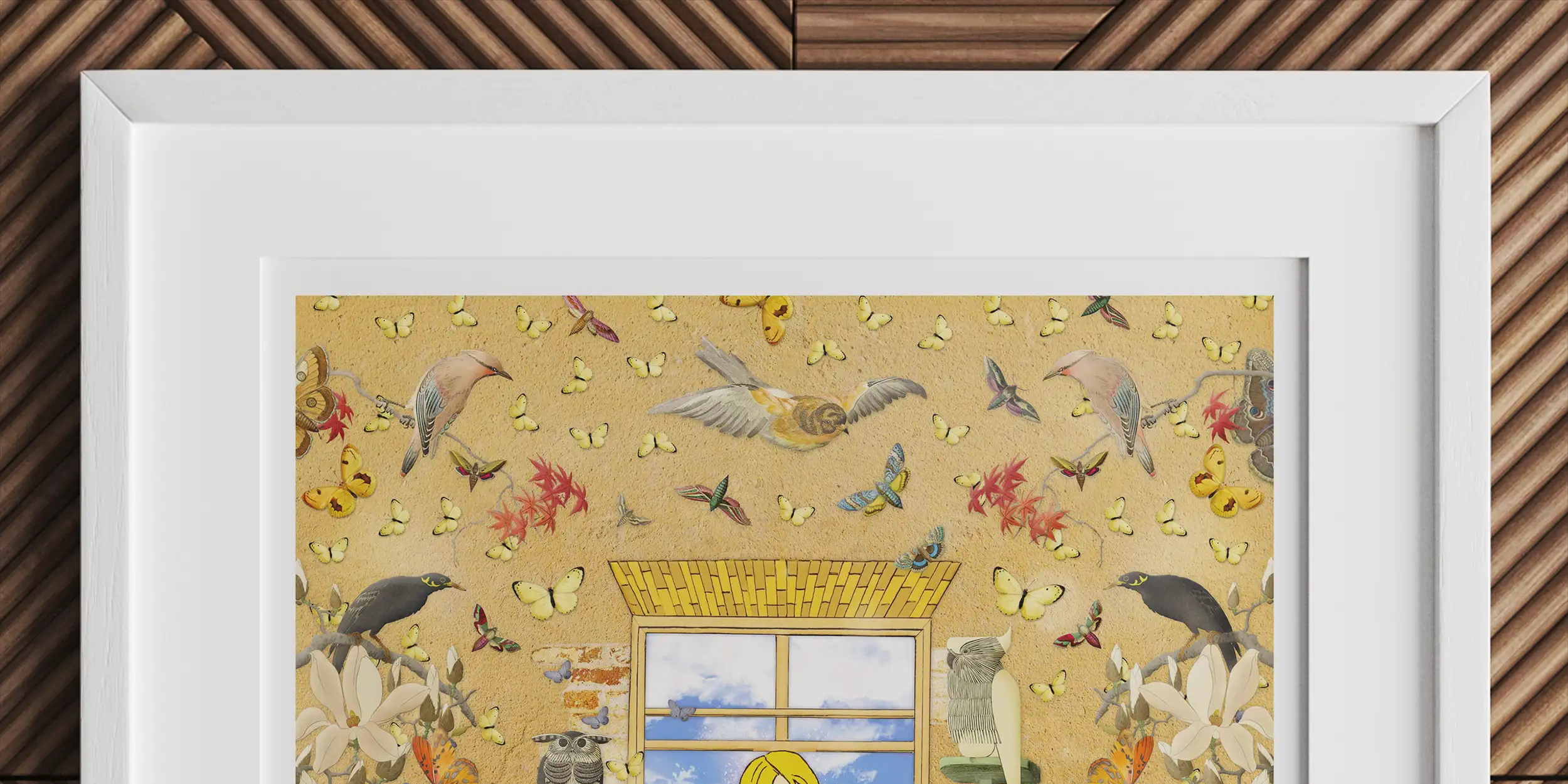 Framed artwork depicting a whimsical scene with birds, flowers, and a figure at a window.
