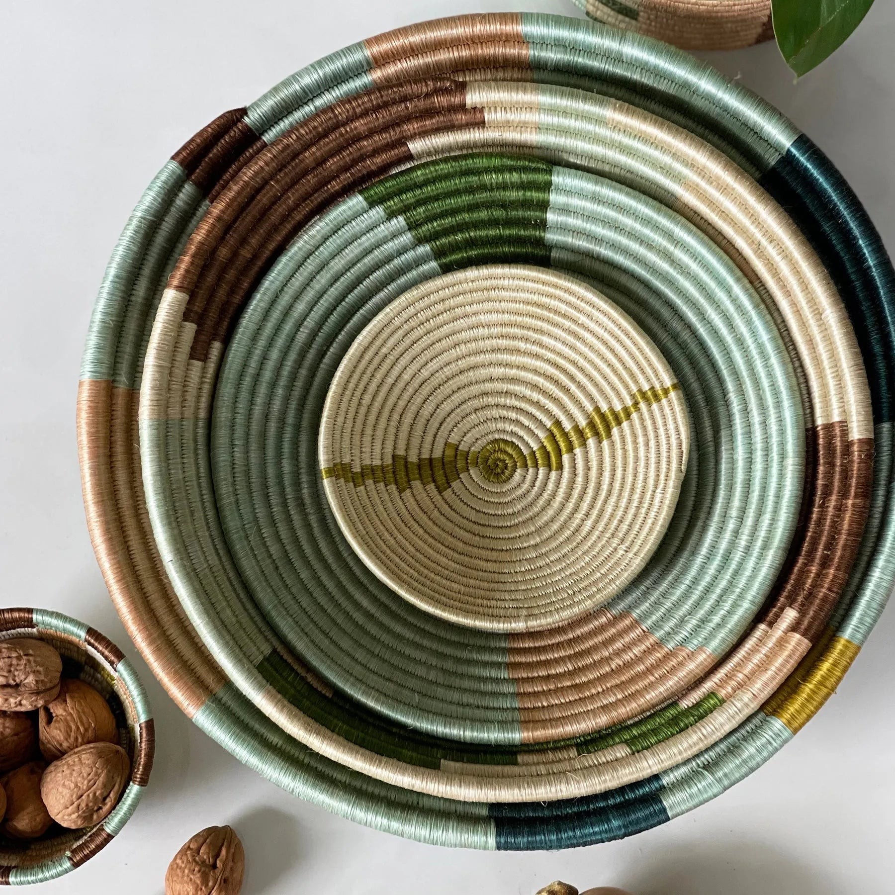 10 Apricot & Olive Striped Round Basket - African Woven Wall Art Decor - Baskets