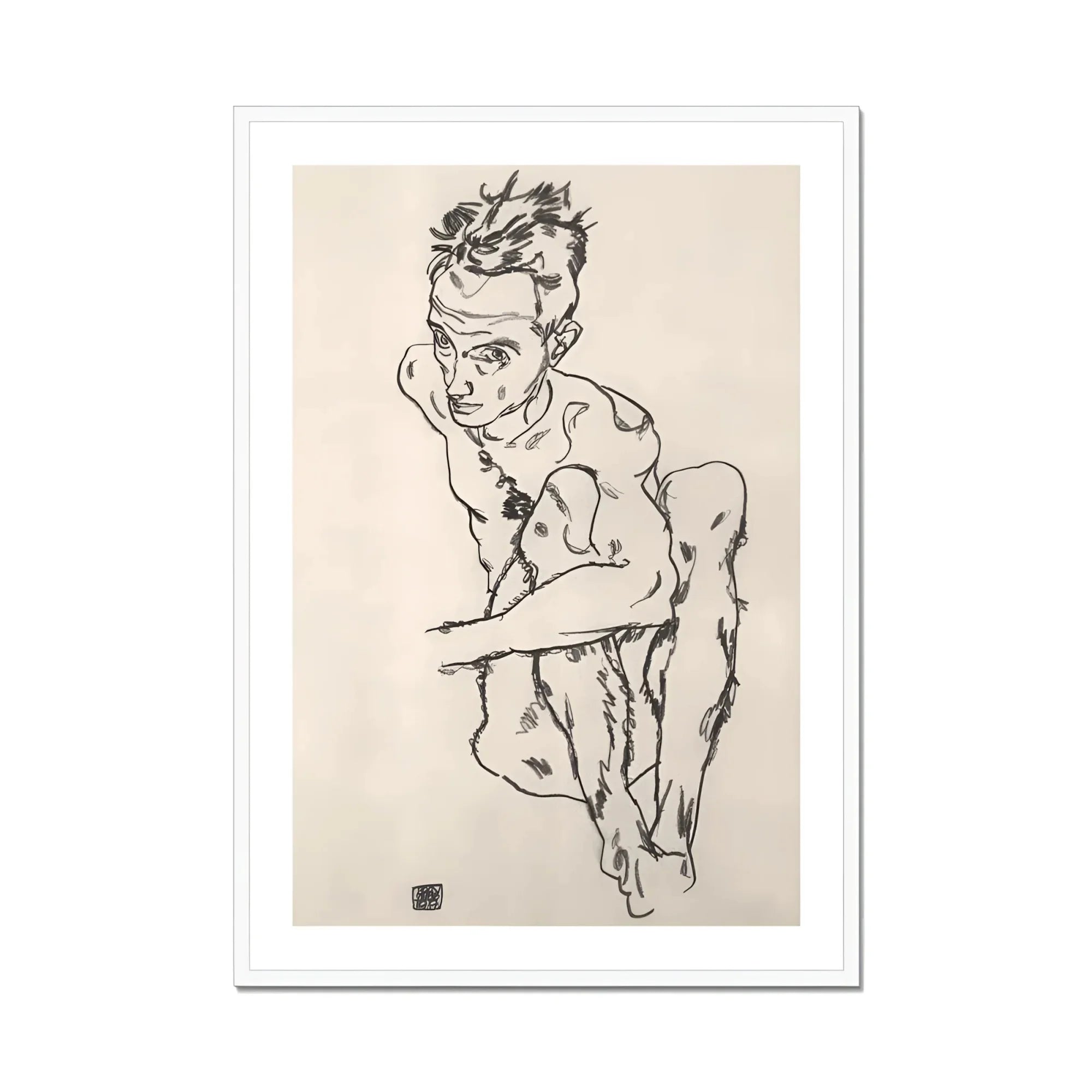 Seated Male Nude (self-portrait) - Egon Schiele Fine Art Print, Framed Nude Sketch