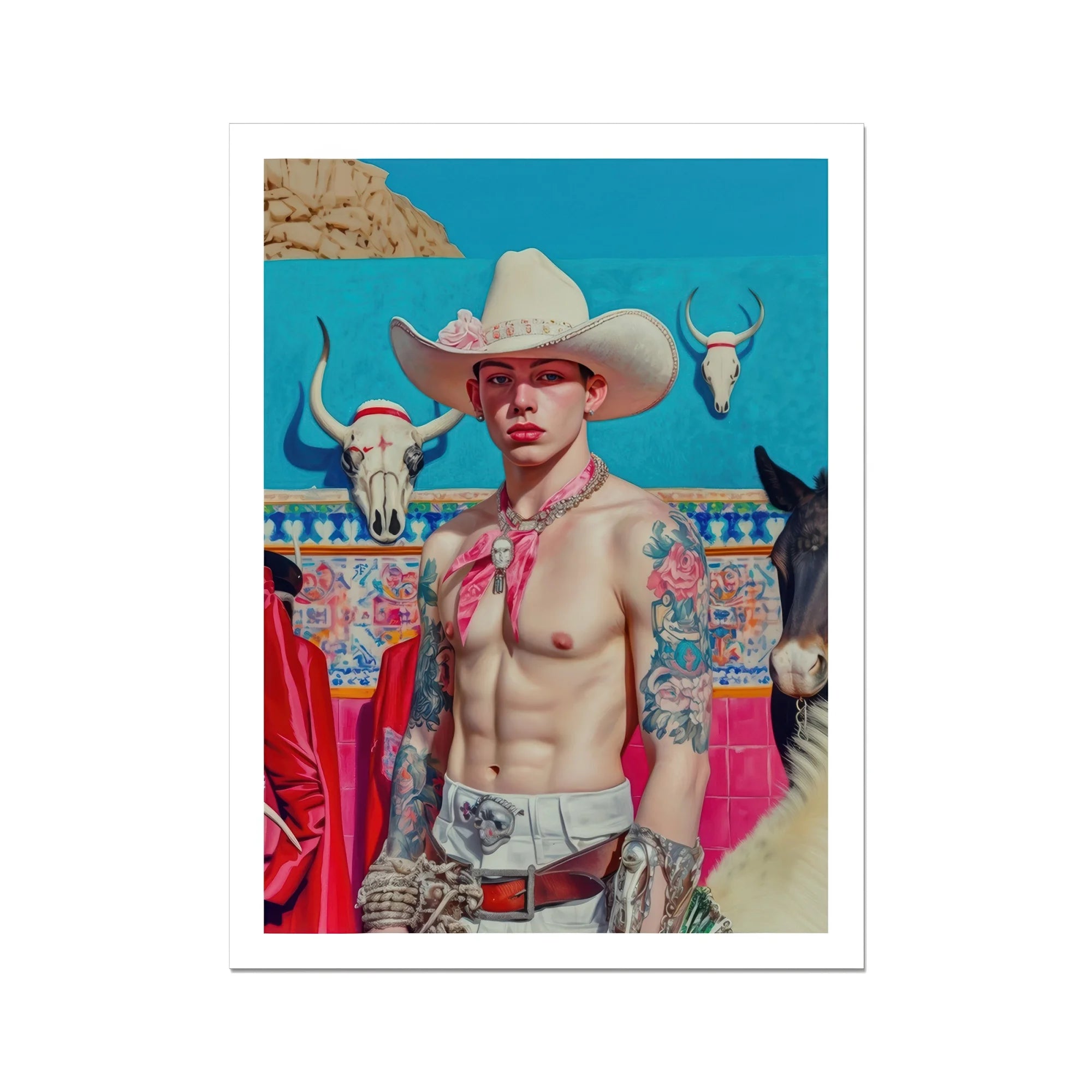 Emilio - Lowbrow Cowboy Pop Art Print, Shirtless Cowboy Pink Hat Colorful Accessories Vibrant Backdrop