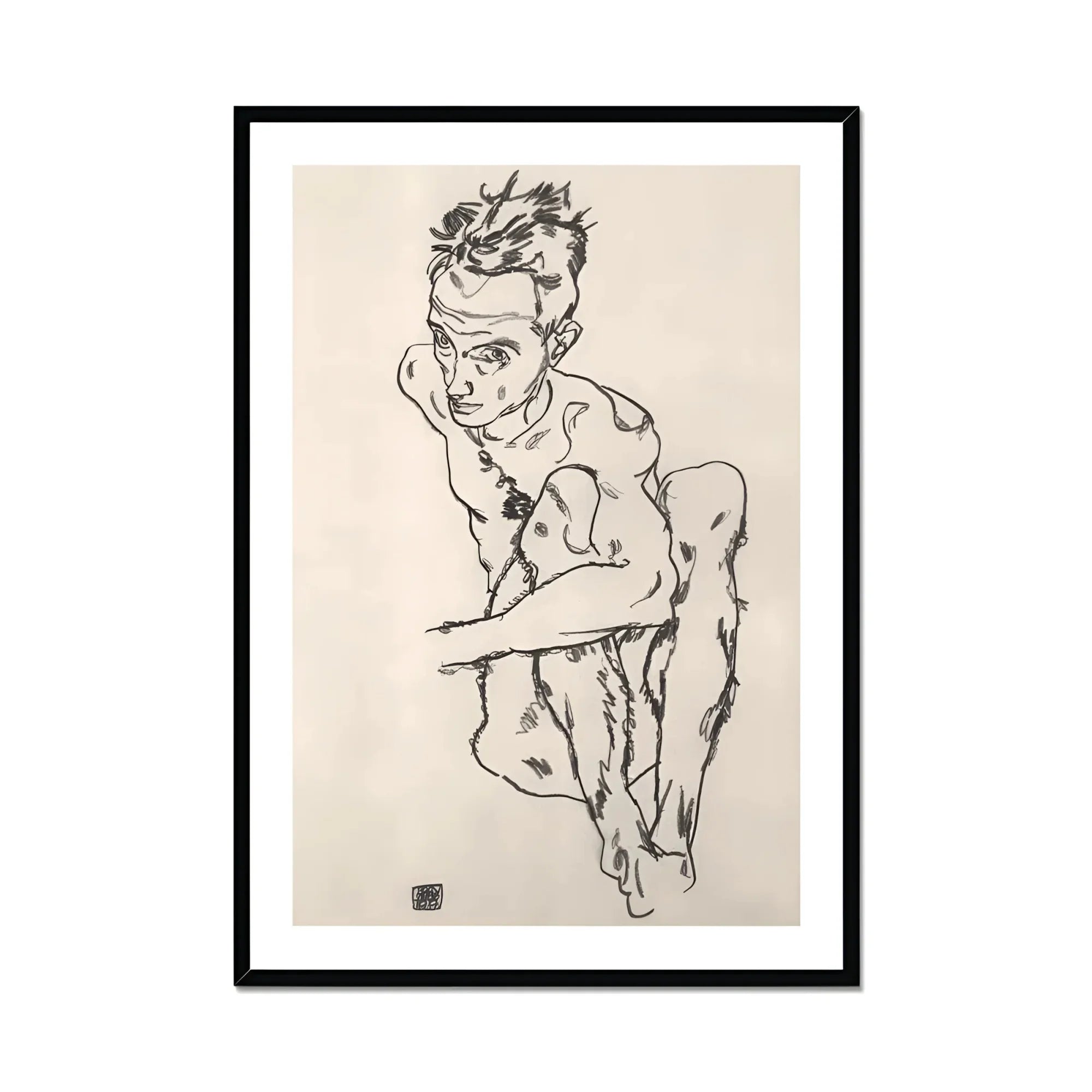 Seated Male Nude (self-portrait) - Egon Schiele Fine Art Print, Framed Nude Male Figure
